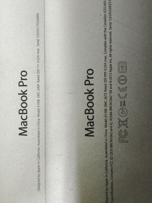 На запчасти 2 macbook pro A1398