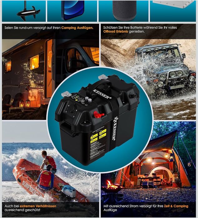 Caixa de bateria para barco, autocaravanas, tomada 12v, usb-c, usb.