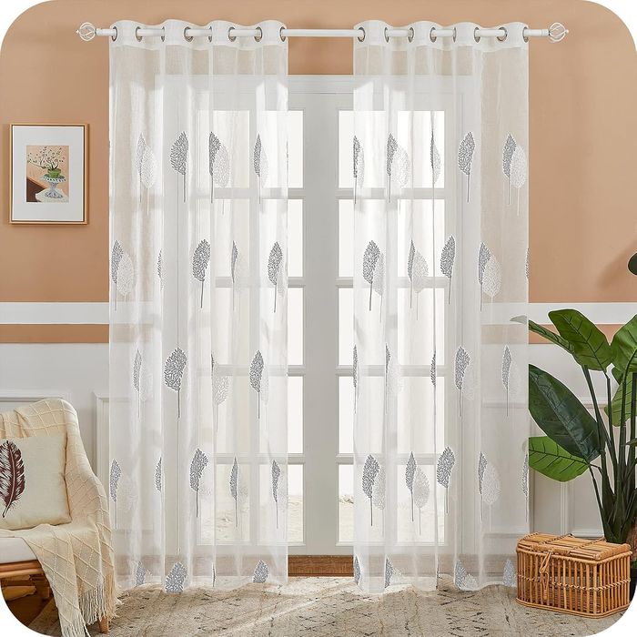 Zasłony Woalowe Haft Liście Białe 245x140 cm 2 sztuki