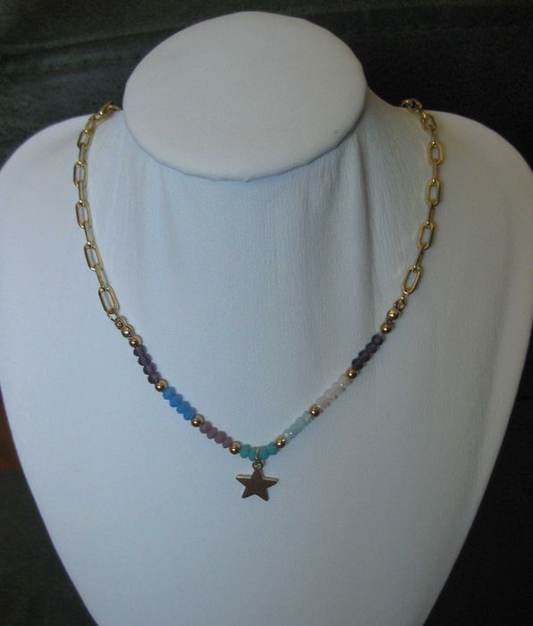 Colar Aço Dourado e Contas de Vidro Facetadas Coloridas NOVO - SALDO