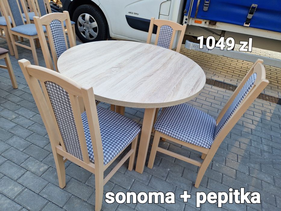 Nowe: Stół okrągły rozkładany + 4 krzesła, sonoma + pepitka, dostawaPL