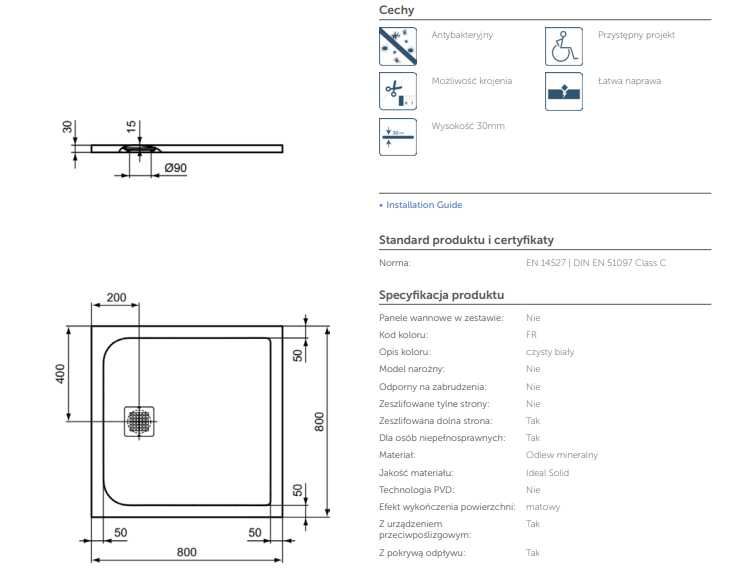 Ideal Standard Kwadratowy brodzik prysznicowy 80x80  Biały K8214FR
