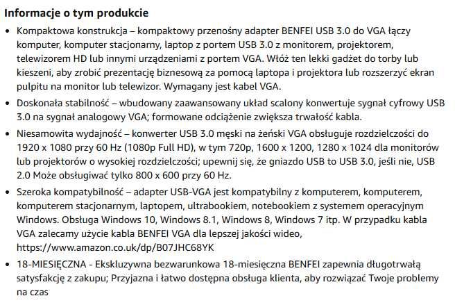 BENFEI Adapter USB na VGA, konwerter 1080P USB 3.0 na VGA Full HD
