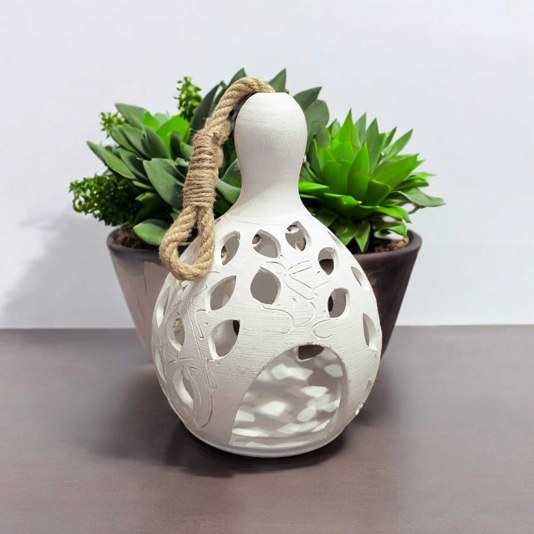 Lampion Ceramiczny Biały 25 cm Ręcznie Wykonany na Kole Garncarskim