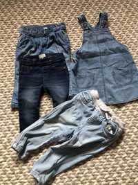 Zestaw spodnie jeansy, spódnica na szelkach dla dziewczynki 74/80