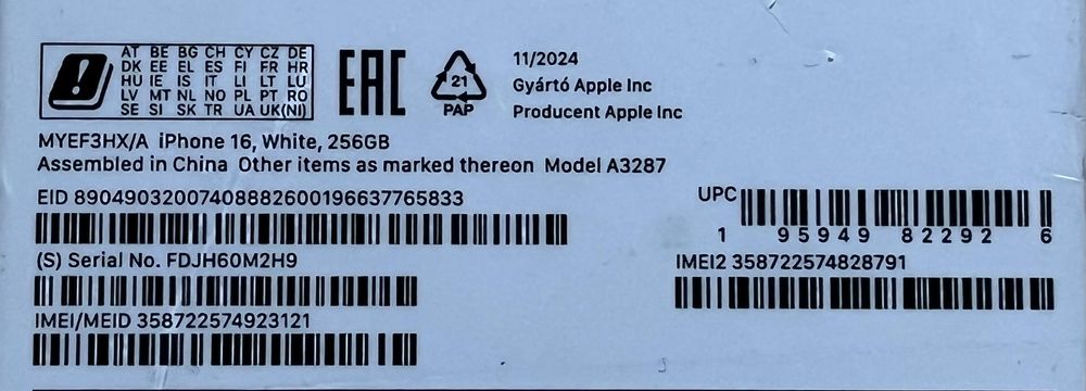 OUTLET Apple iPhone 16 256GB Biały FV23 - 15 cykli baterii gw Apple