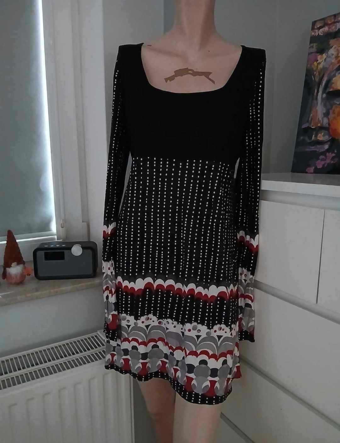 M 38 czarna czerwona biała Sukienka z długim rękawem w kropki kolorowa