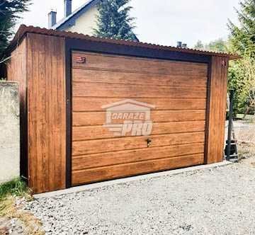 Garaż blaszany 4x6 Brama + drzwi Drewnopodobny  Dach spad w tył GP113