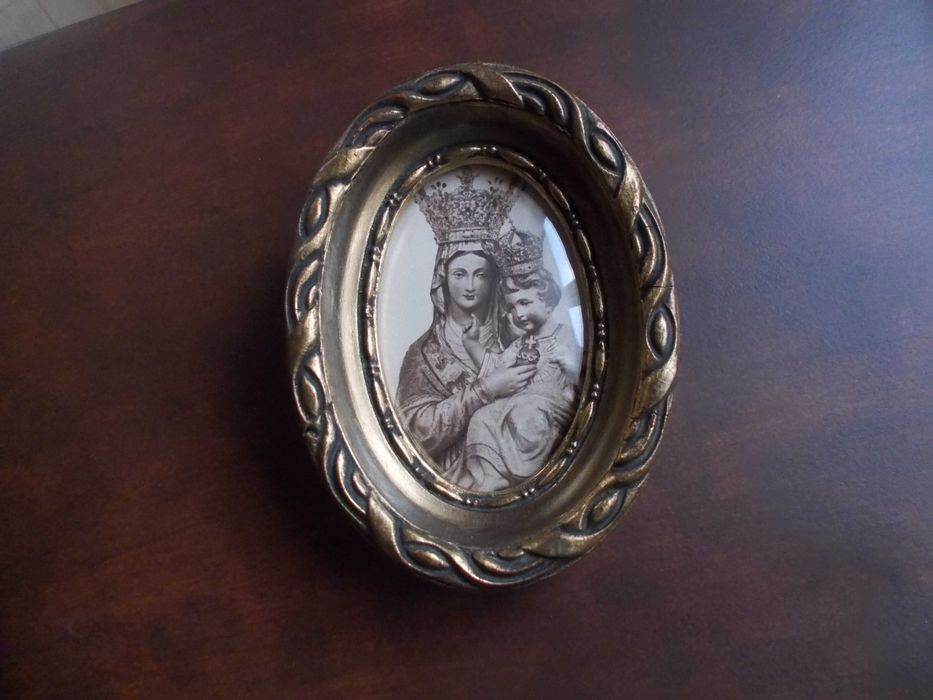 Zabytkowa ramka owalna złocona wypukła szybka, stary obrazek religijny