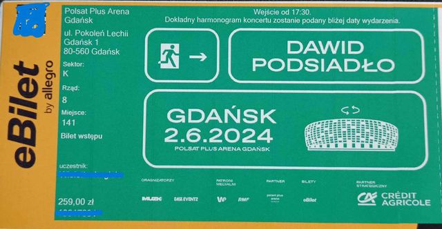 2 Bilety obok siebie na koncert Dawid Podsiadło 02.06 Gdańsk