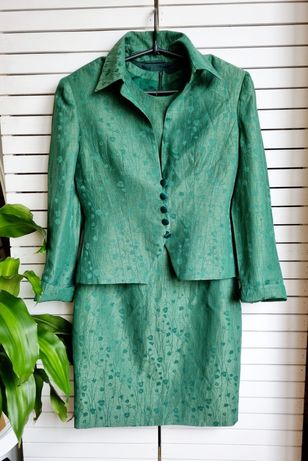Винтажный комплект платье пиджак зеленый в цветы шелк