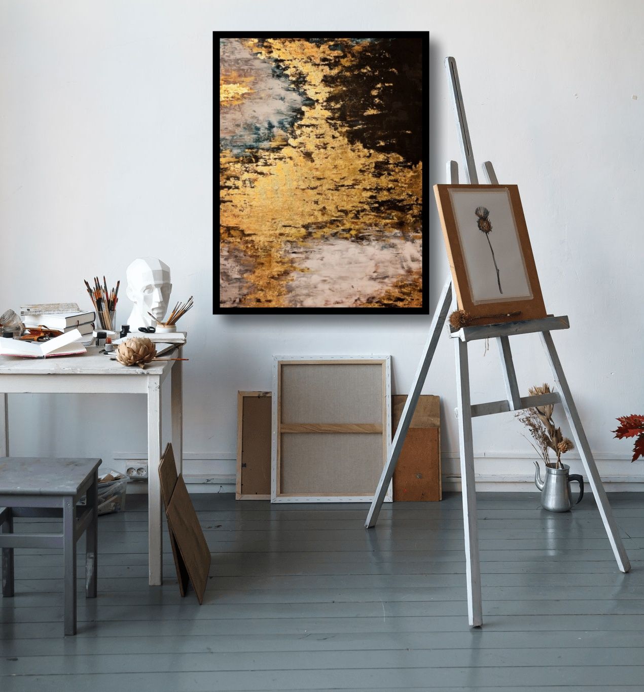 Obraz "Złote Abstrakcje" akryl, złoto w płatkach 80x60 cm