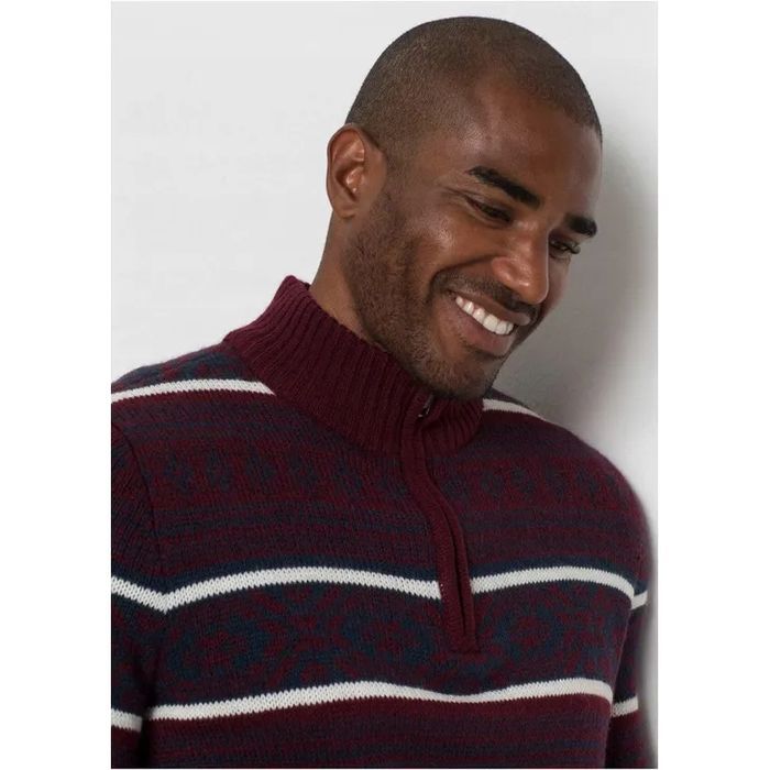 Bonprix Sweter Półgolf Bordowy Wzór Paski Zamek Długi Rękaw S/M 44-46
