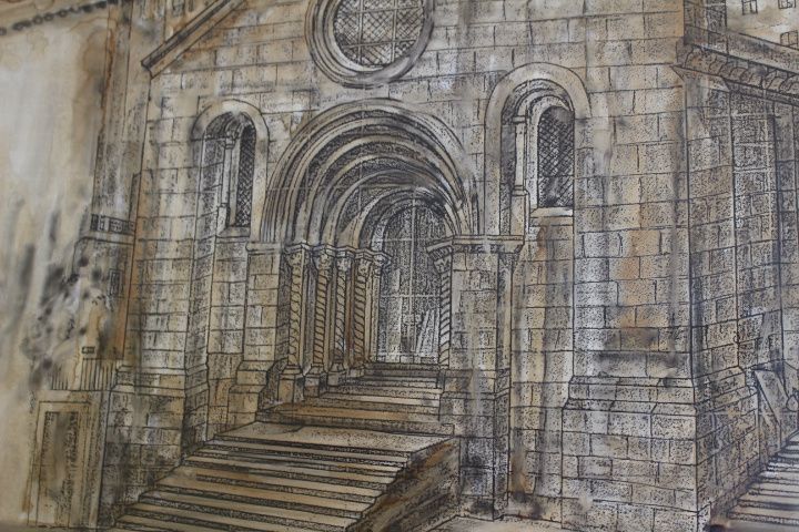 Pintura Aguarela Igreja de São Tiago em Coimbra assinada e datada 97