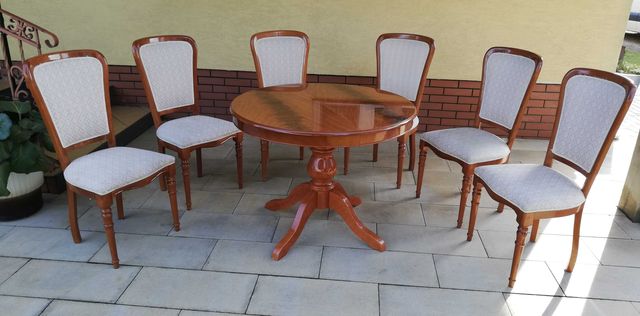 Stół drewniany okrągły rozkładany stylowy krzesła komplet jadalnia