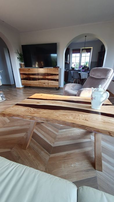 Stół, stolik 120x80x54 dębowy, komoda 200x100x50 żywica,