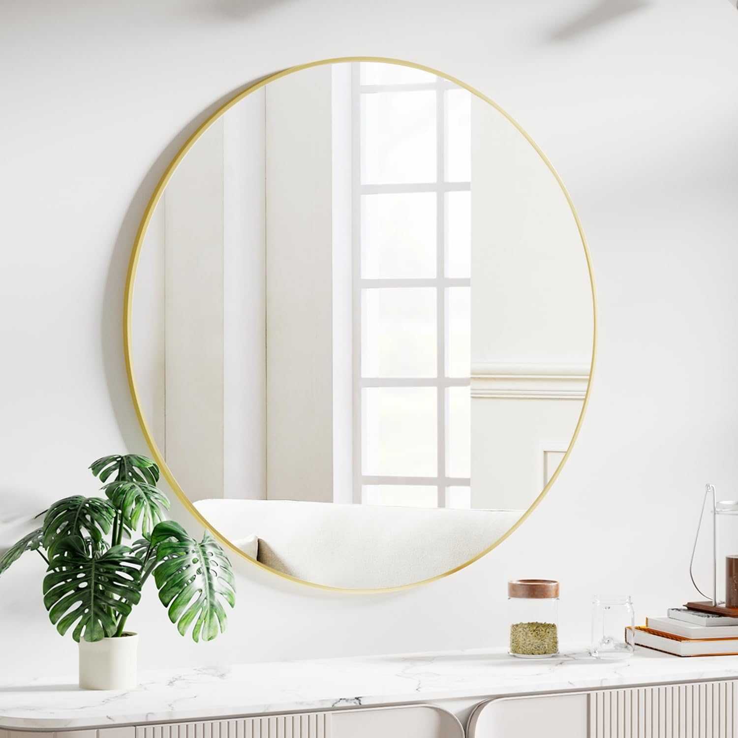 Okrągłe Lustro Ścienne 50 Cm Ze Złotą Ramą Do Łazienki Sypialni Loft