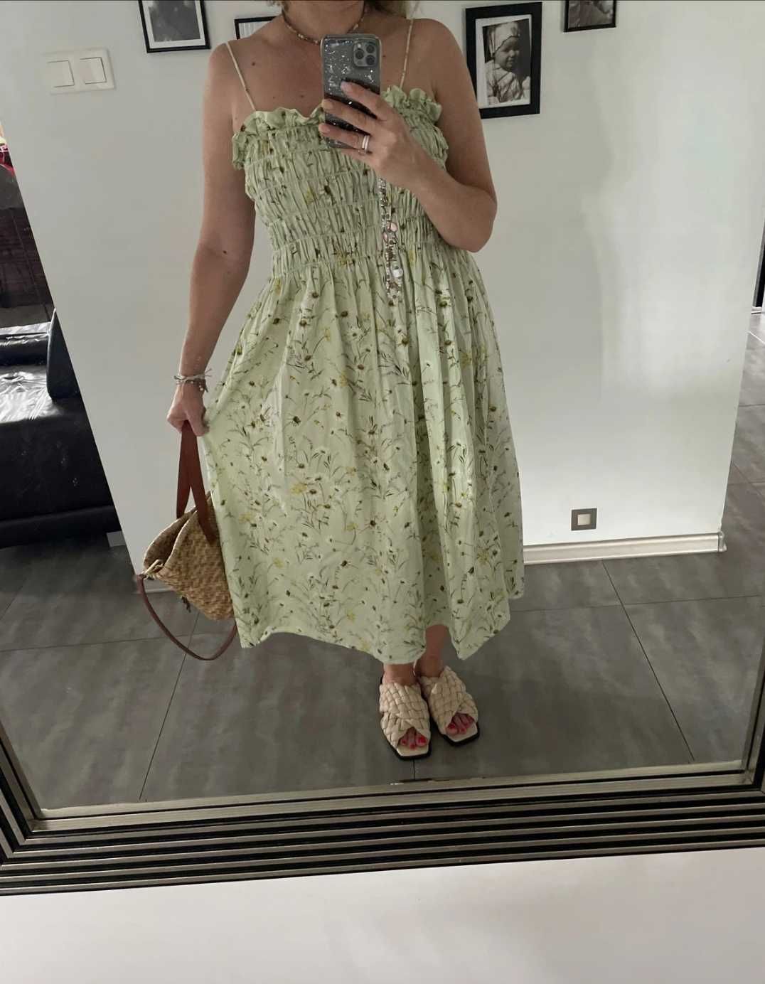 H&M pistacjowa bawełniana sukienka w kwiatuszki na ramiączkach L