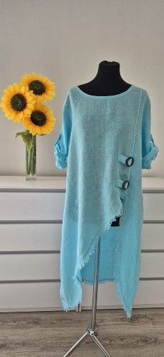 Lniana tunika błękitna asymetryczna regulowany rękaw