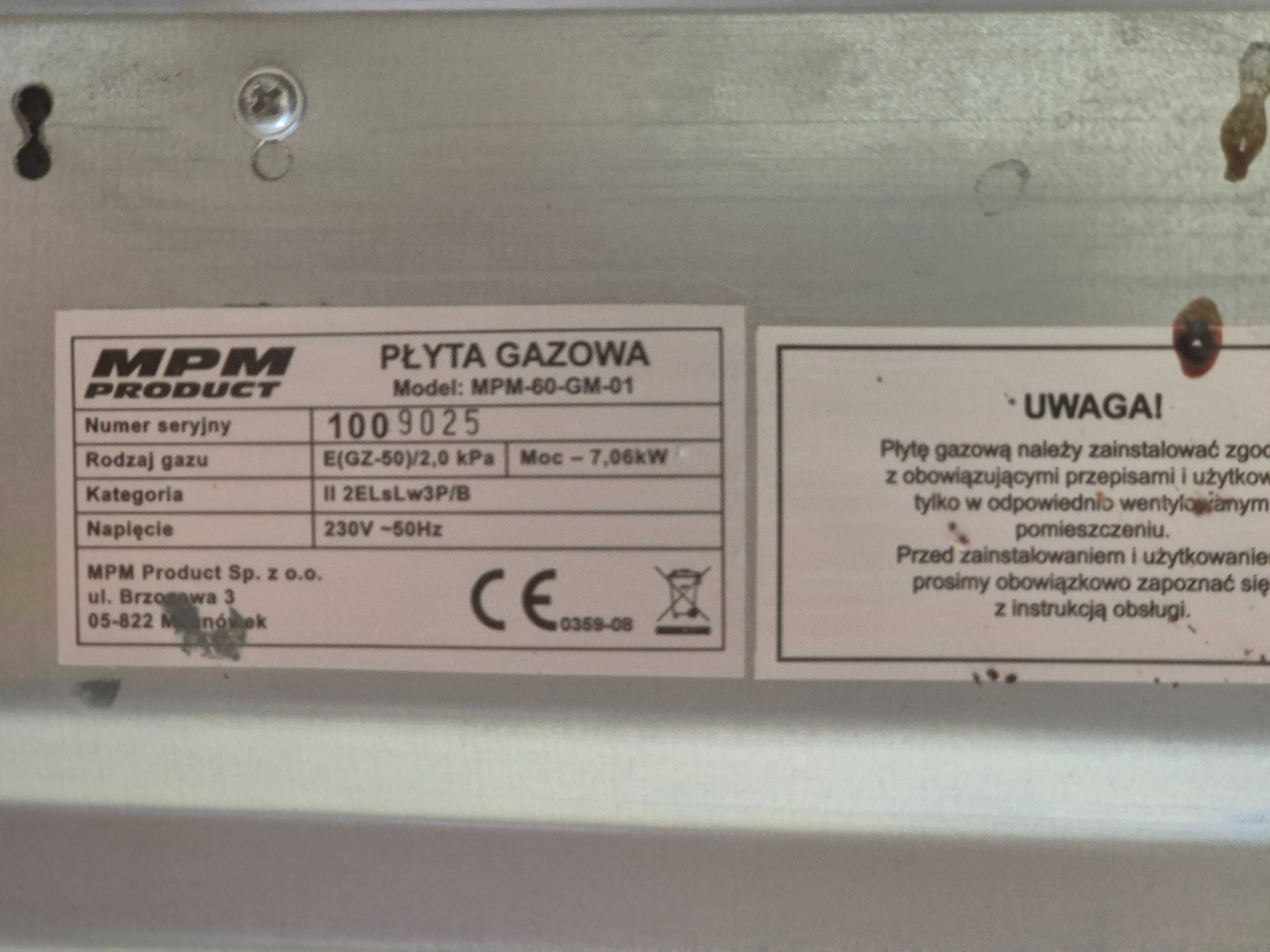 Płyta gazowa MPM MPM-60-GM-01 używana, stan b. dobry.