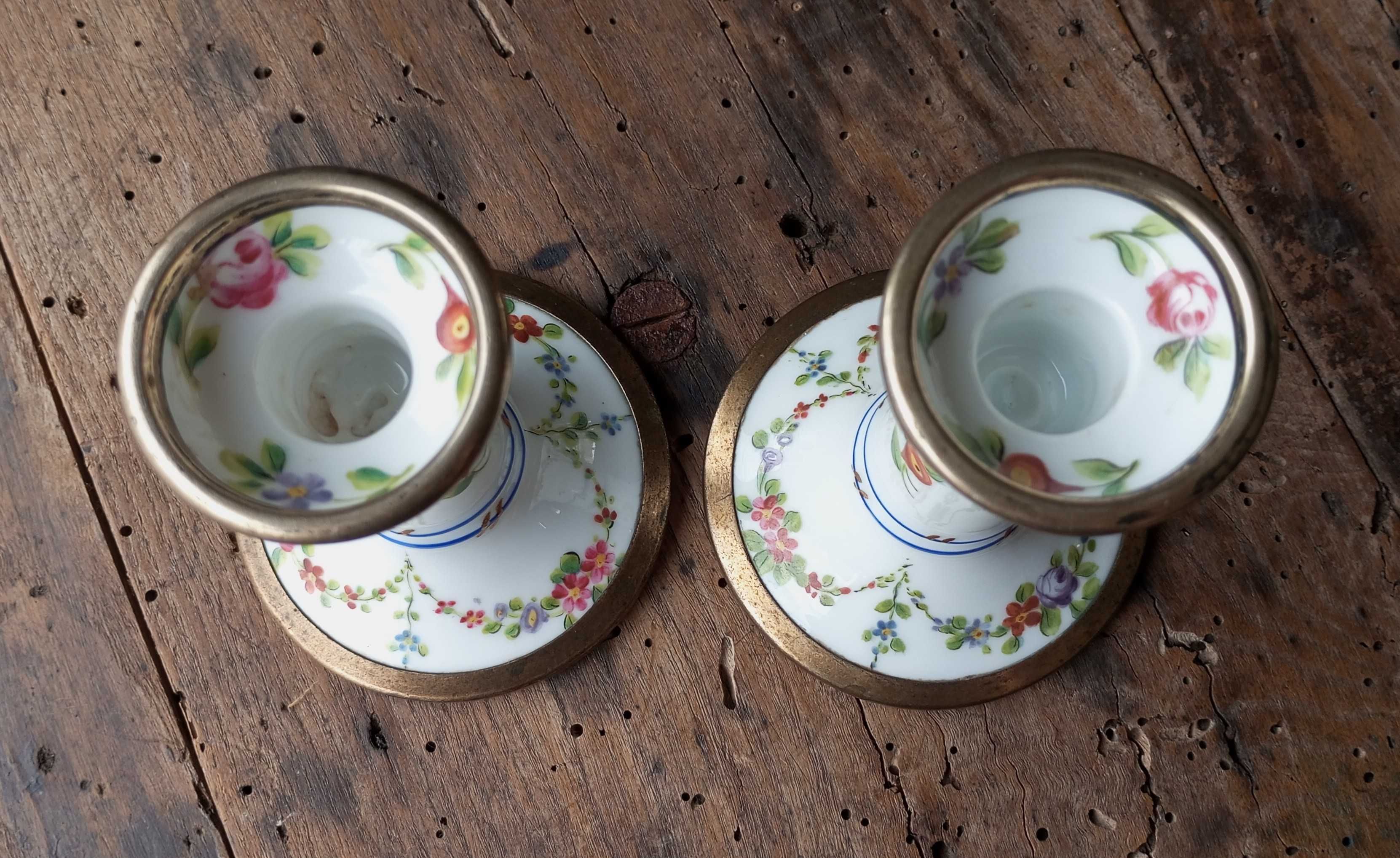Antigo par de castiçais em porcelana e prata da Fábrica Vista Alegre