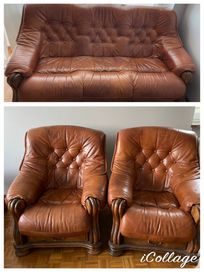 Vintage Skórzana Kanapa i Dwa Fotele kolor brązowy