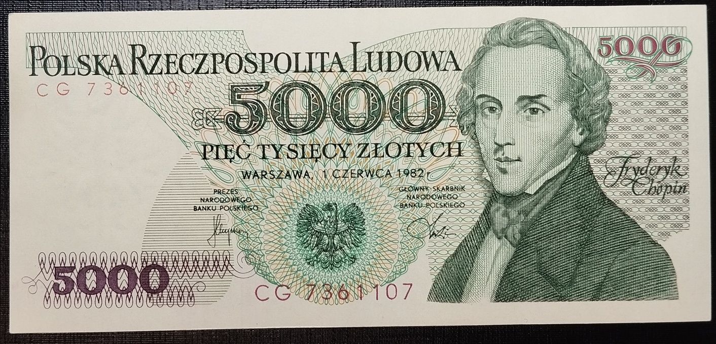 Banknot PRL 5000 zł 1982r. Stan -UNC seria CG (L3 - mniej dostępna)
