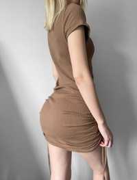 Krótka sukienka brązowa mini sexy ściągacze bawełna prążki gorset