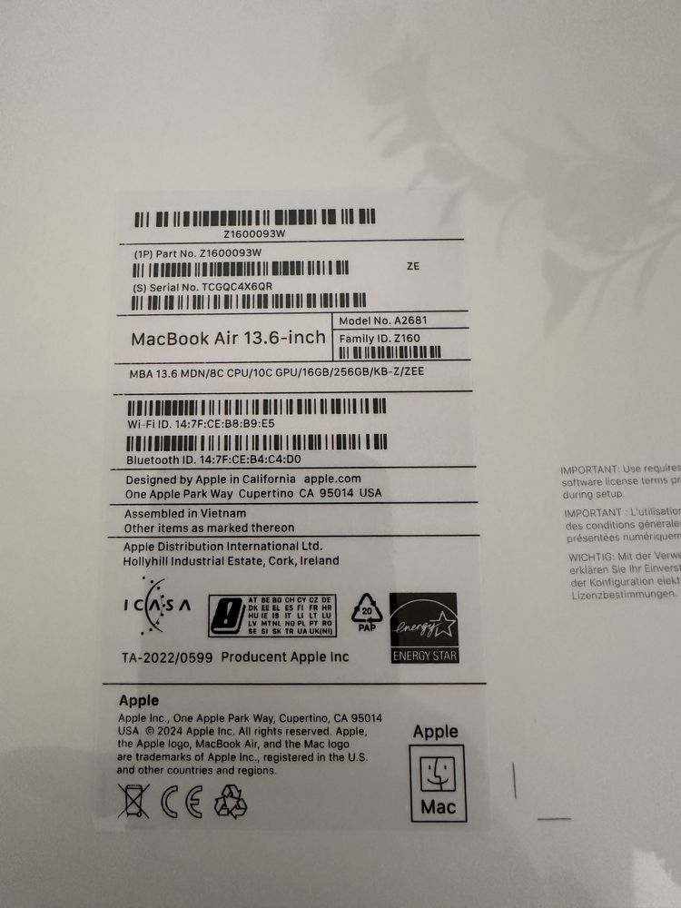 MacBook Air m2 16gb 256gb midnight 3 lata AppleCare