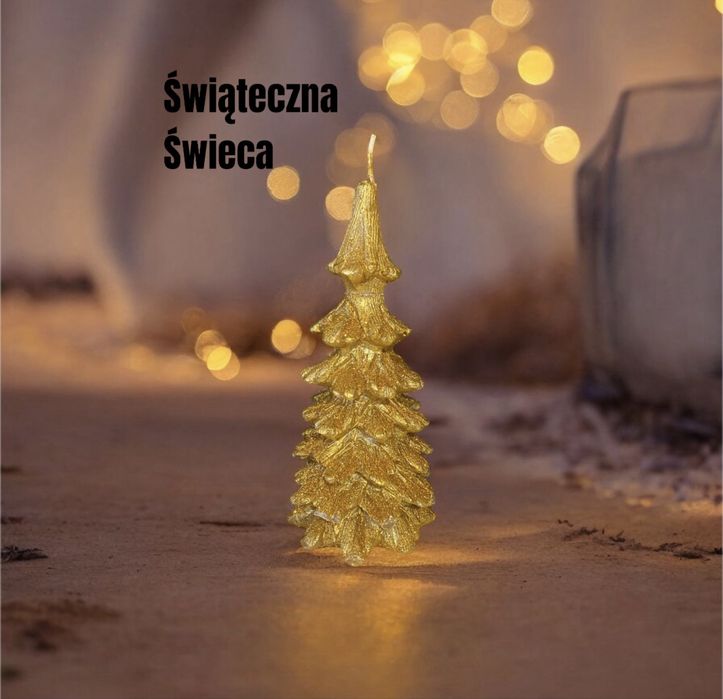 Świąteczna świeca woskowa złota choinka nowa ozdoba dekoracja drzewko