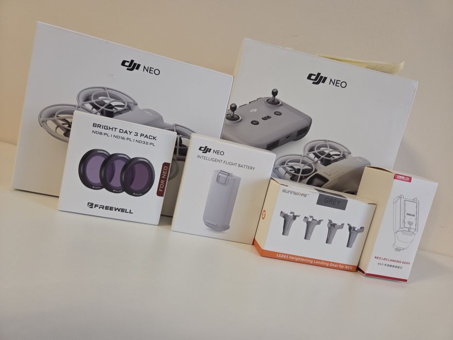 DJI NEO Combo masa dodatków, stan idealny BLACK FRIDAY 4 aku Freewell