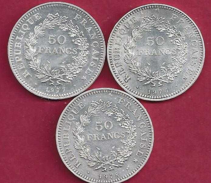Moedas  Francesas  50 Francos  Prata  3   Moedas