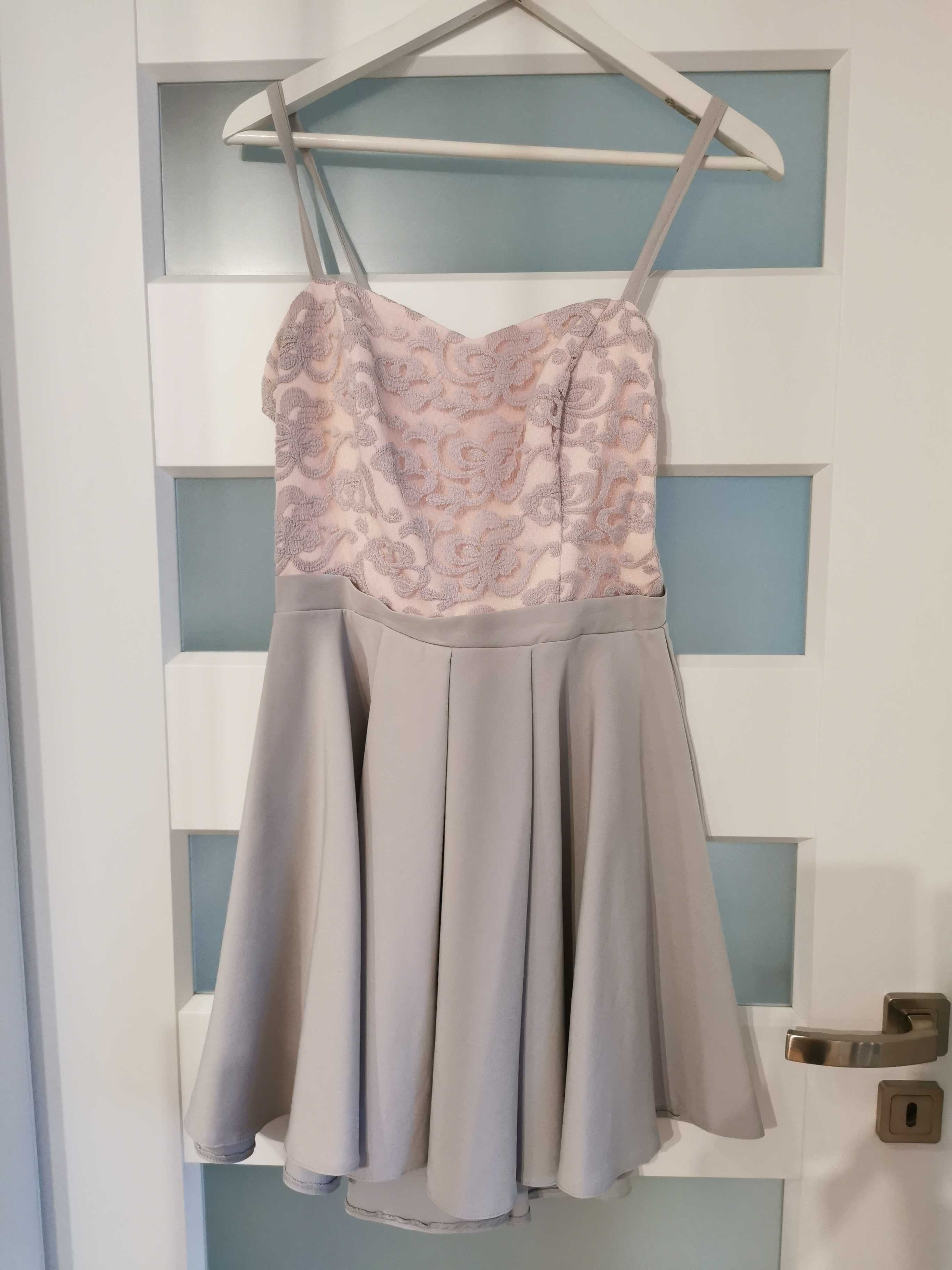 Różowo-szara sukienka na wesele, odcięta, rozmiar 40