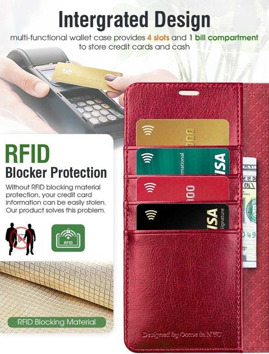 OCASE skórzane etui do Google Pixel 8 z klapką portfel RFID czerwone