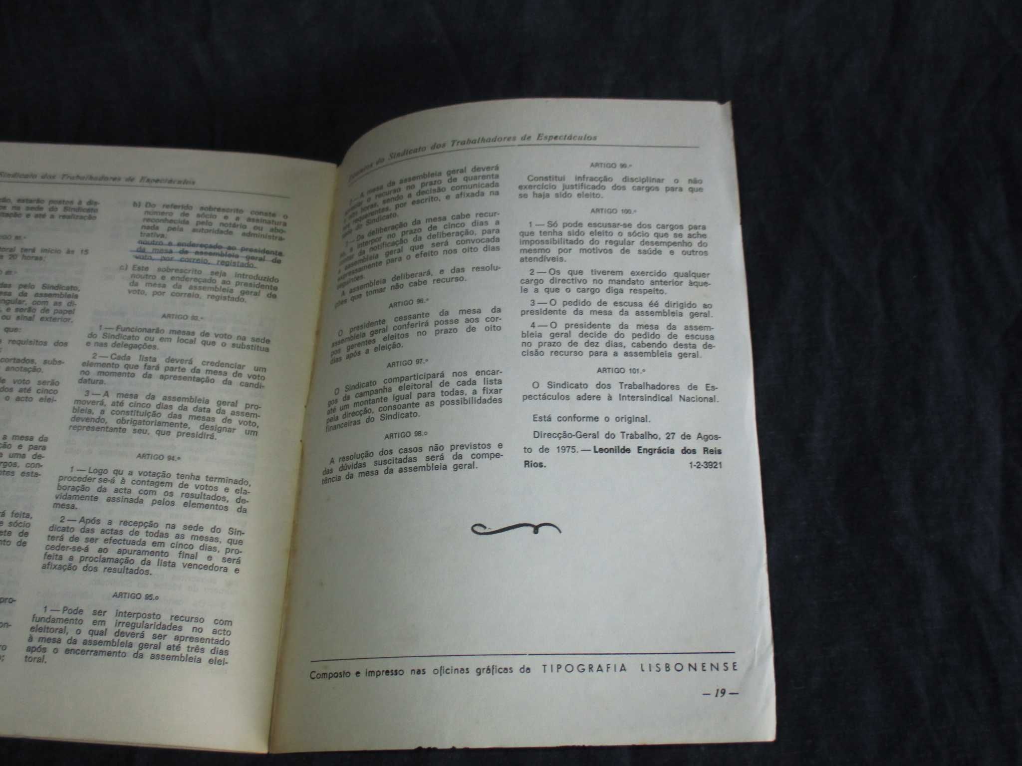 Sindicato dos Trabalhadores de Espectáculos Estatutos 1975