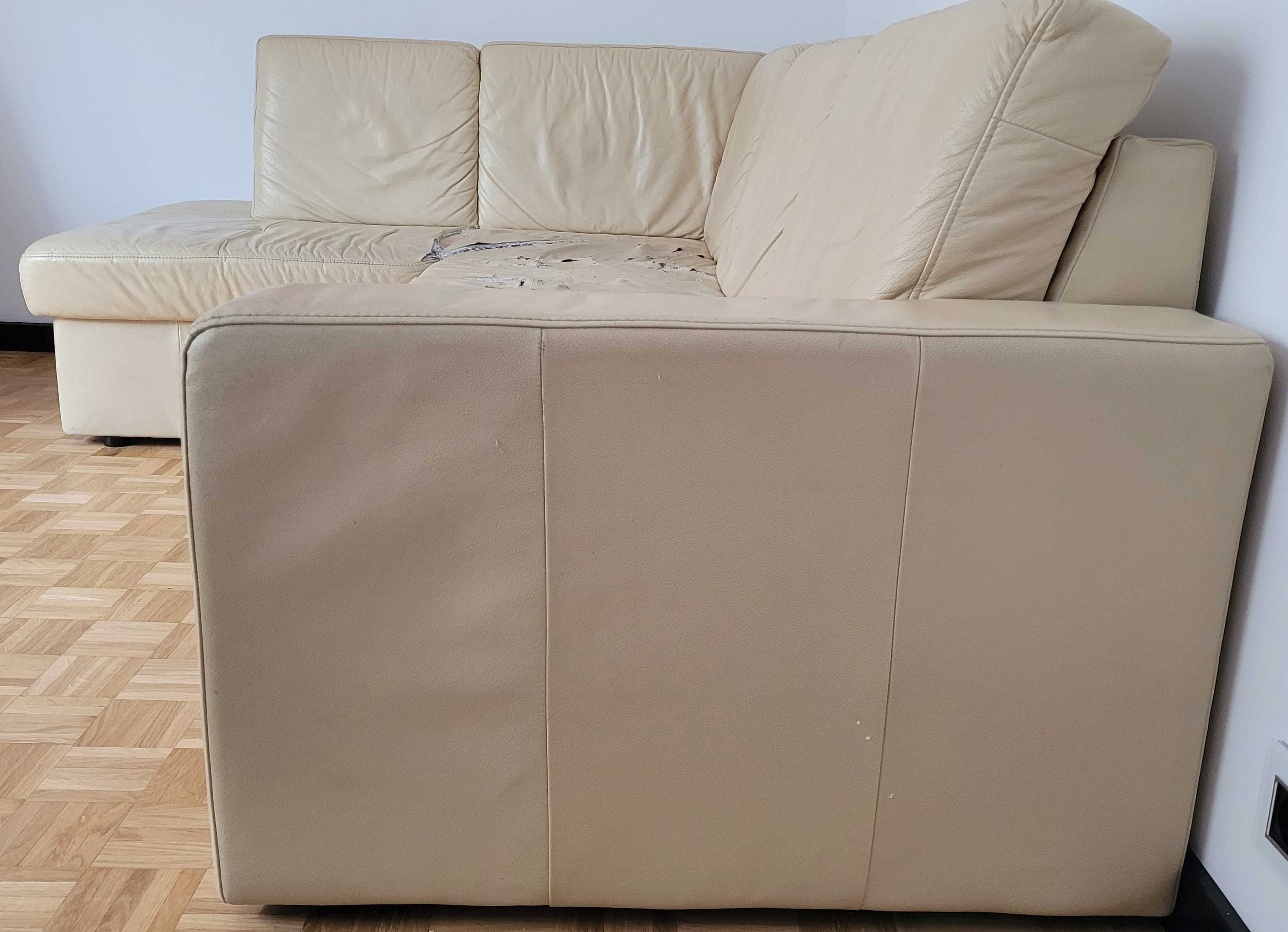 PILNE Kanapa sofa narożnik skóra krem beż spanie pojemnik na pościel