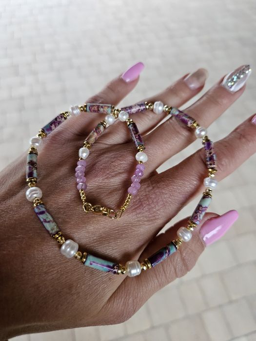 Naszyjnik kamienie naturalne Perły naturalne Jaspis Cesarski Hematyt