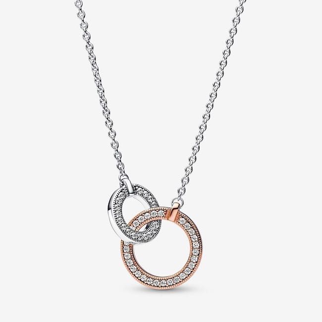 Colar Pandora Signature Dois Tons Círculos Interligados Prata Lei S925