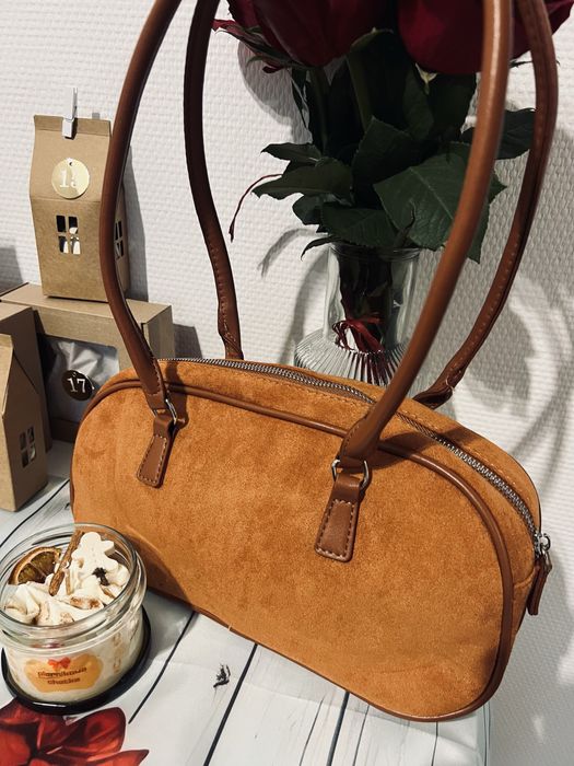 Karmelowa torebka damska zamszowa kuferek elegancka na ramie do ręki