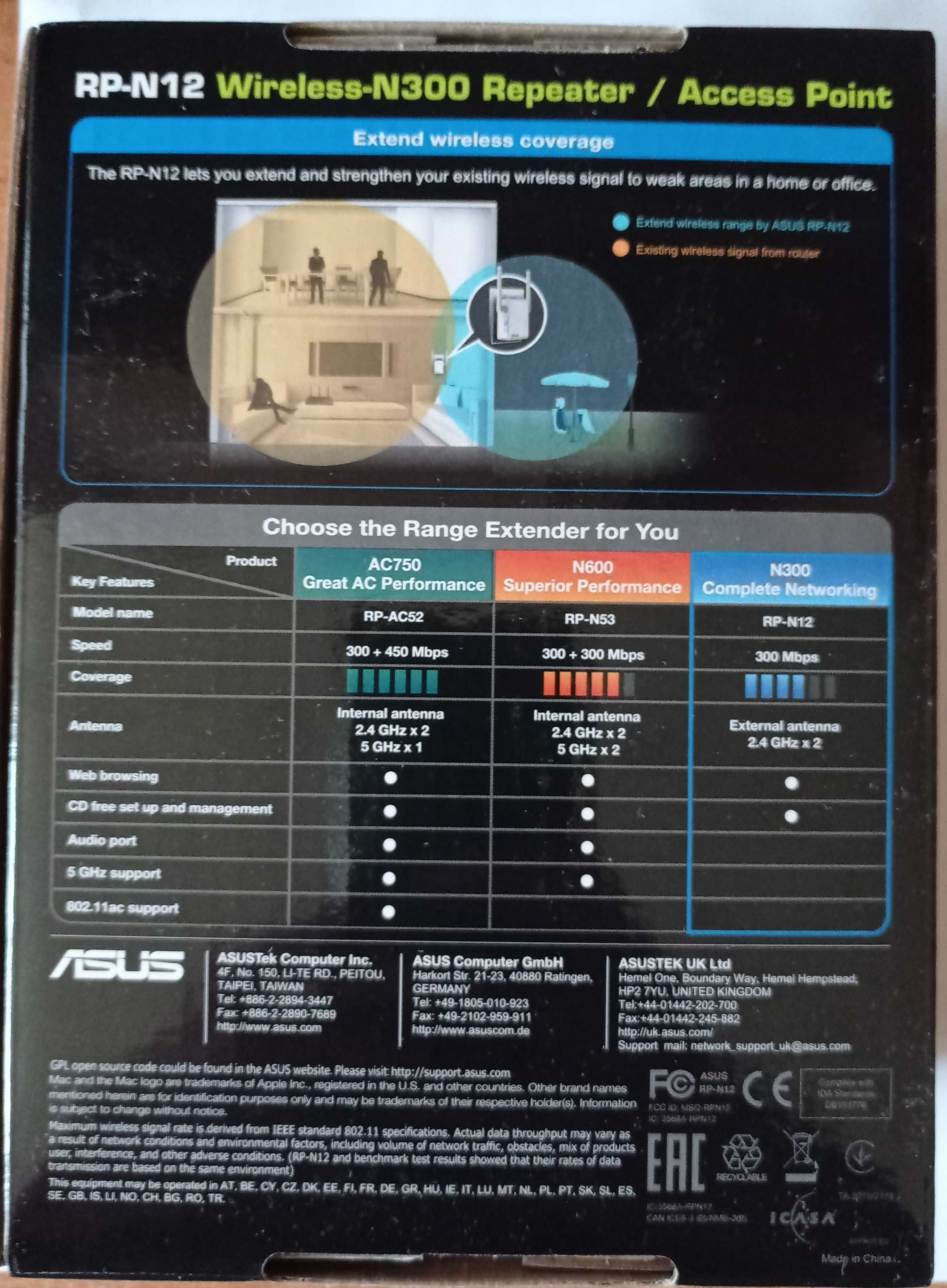 Wzmacniacz sygnału WIFI ASUS  RP-N12 Wireless N300.