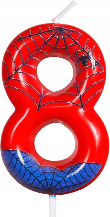 Świeczka urodzinowa cyfra 8 Spiderman czerwona z pajęczyną na tort