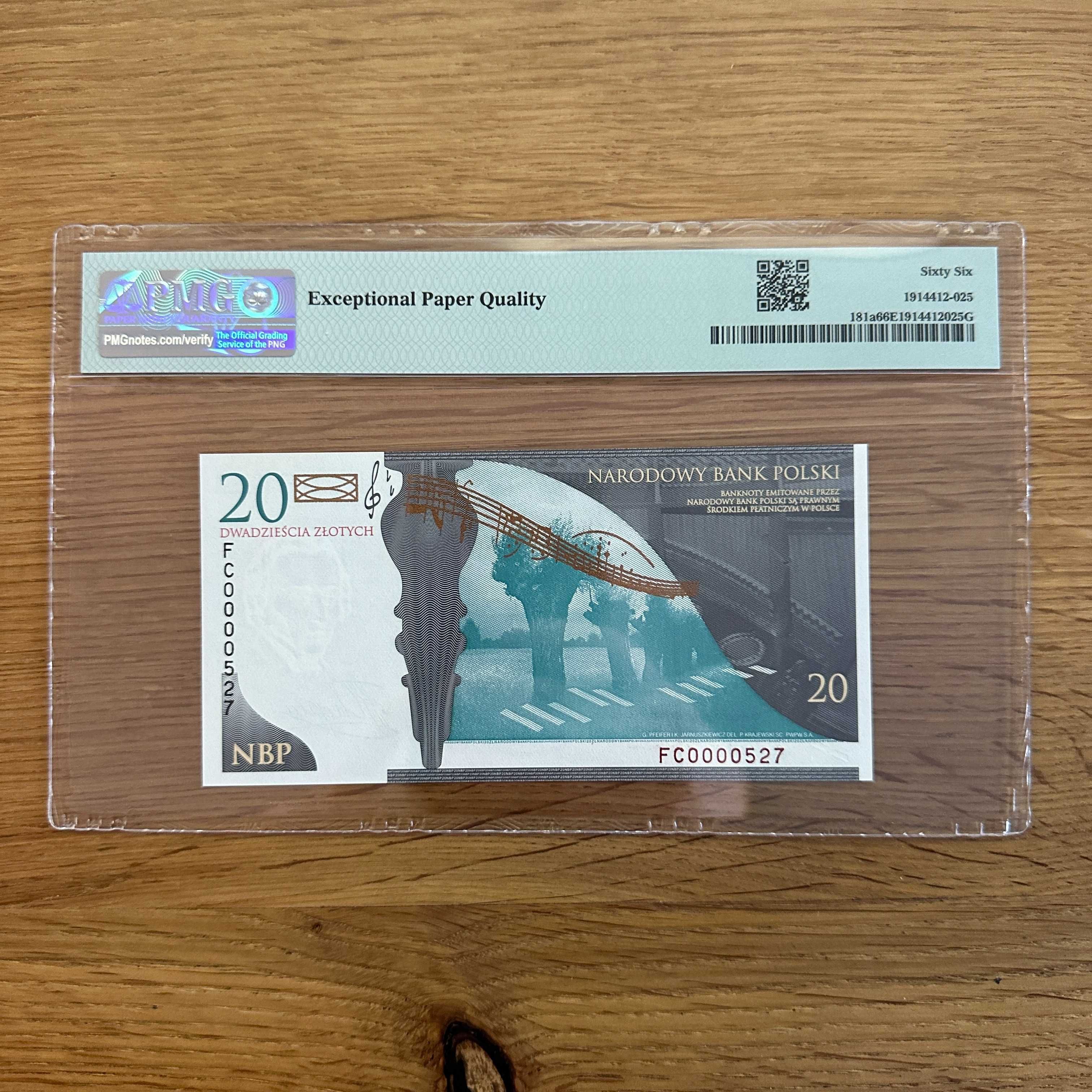 20zł Chopin nr.527 PMG66 EPQ banknot kolekcjonerski + folder