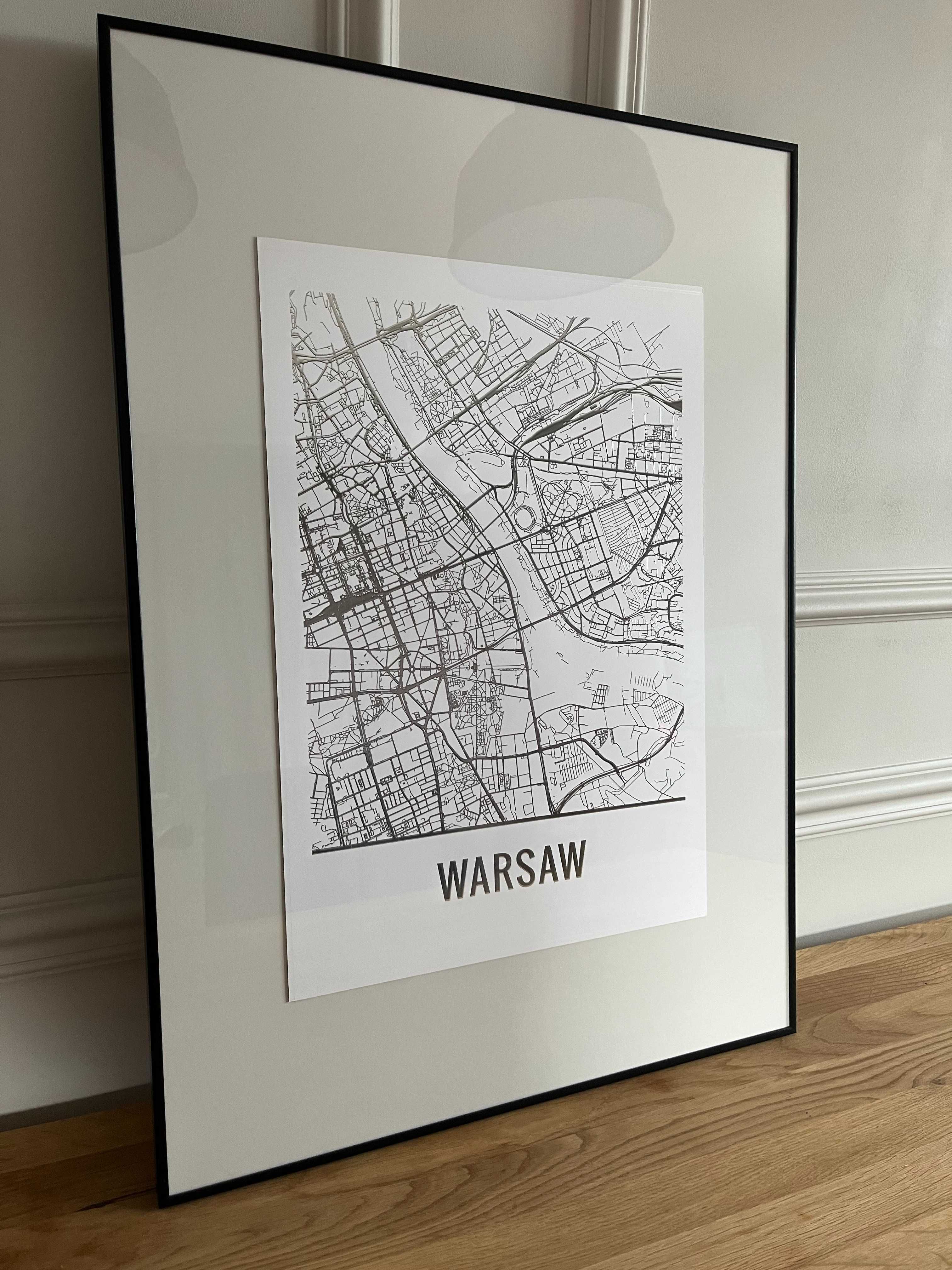 Mapa Warszawy - obrazek. Srebrna / czarna.