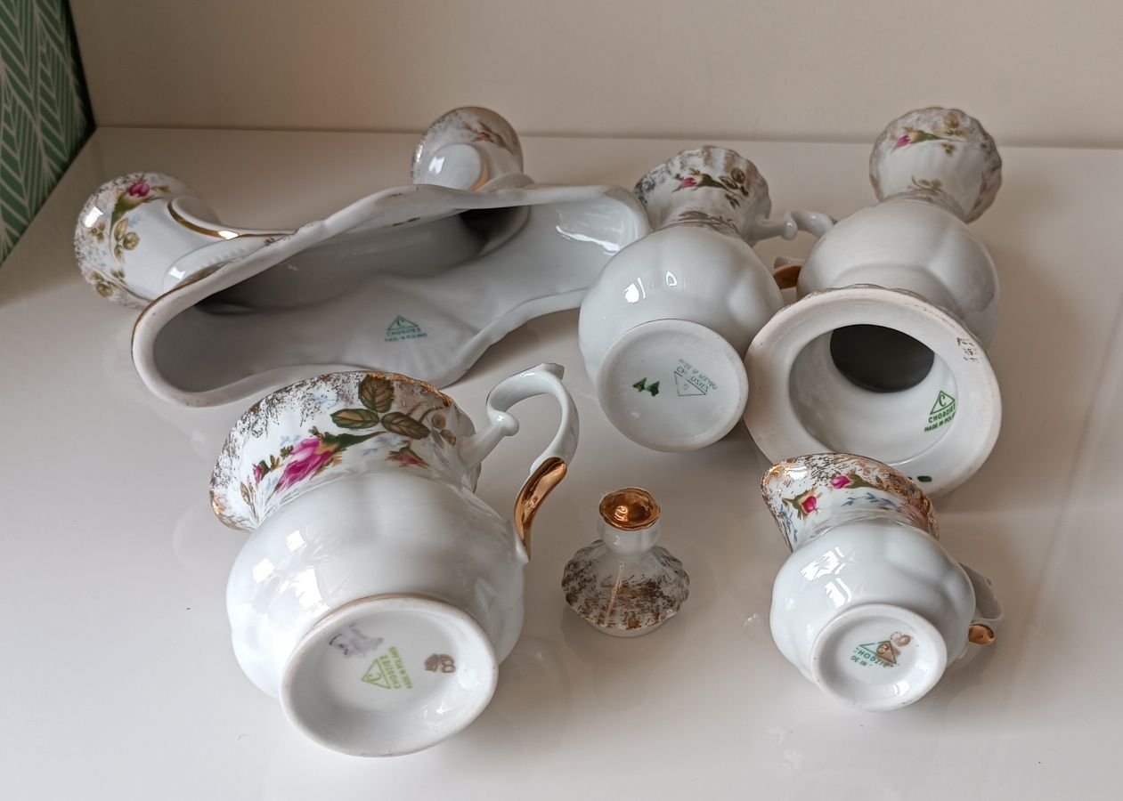 Nowa piękna porcelana Chodzież Róża Iwona złota 5szt świecznik dzbanki