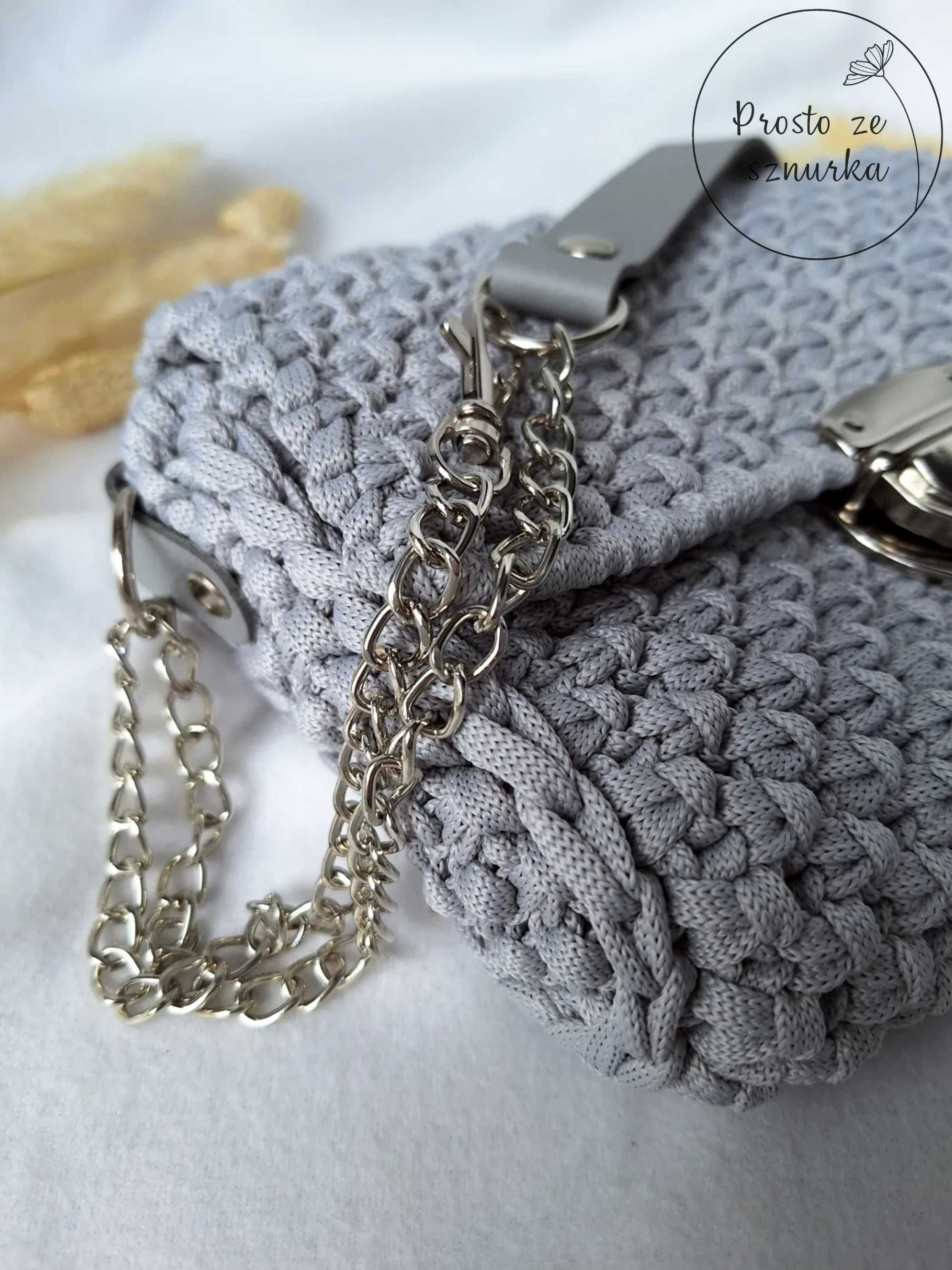 Torebka ze sznurka na łańcuszku ze skórą naturalną makrama handmade