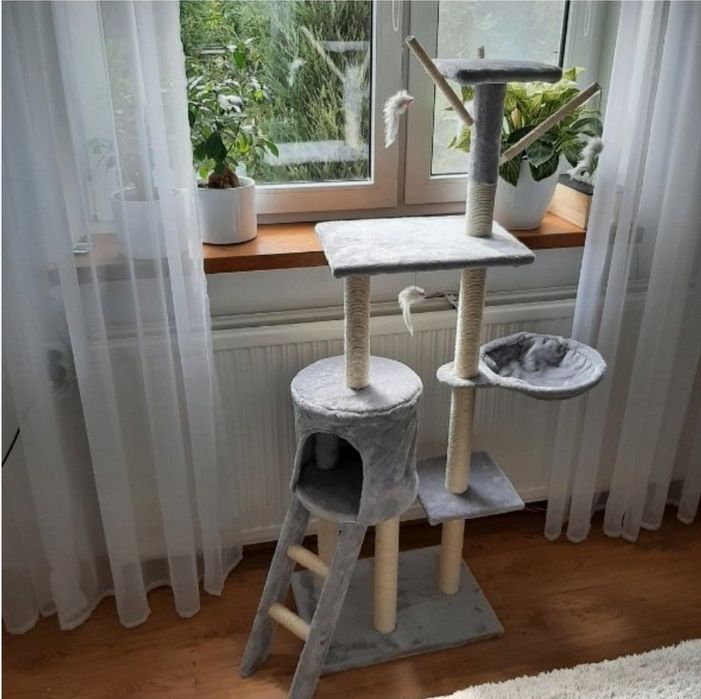Nowy wysoki drapak dla kota stabilny szary puszysty domek legowisko