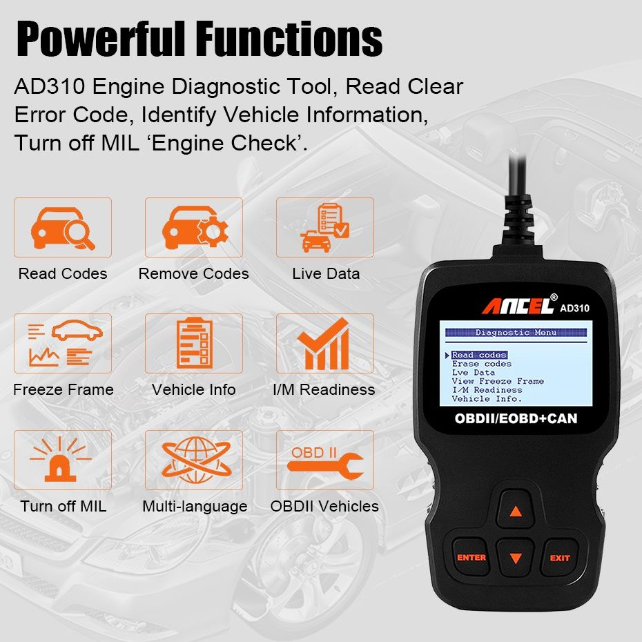 Scanner de diagnóstico Automóvel OBD2 Ancel Ad310 SELADO