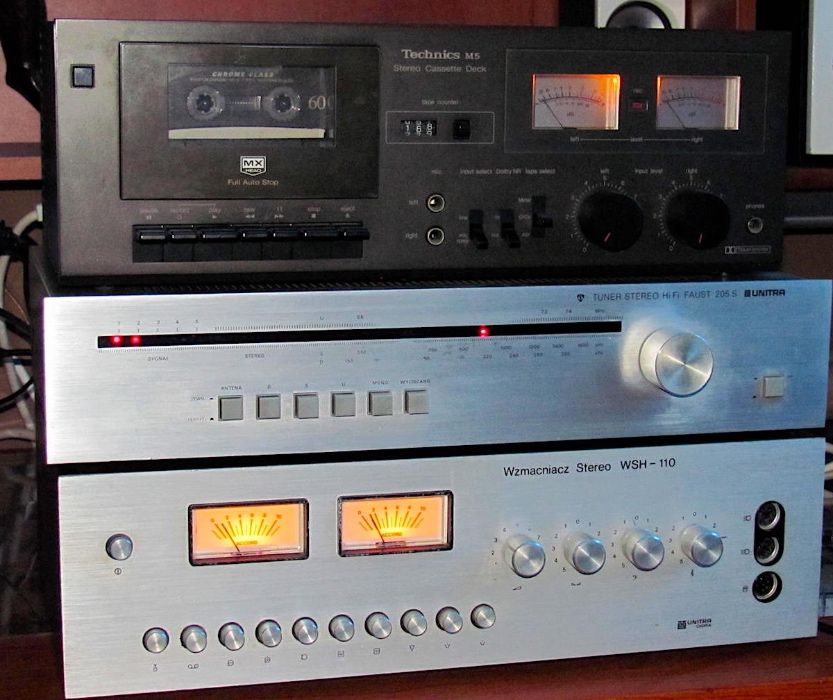 Wzmacniacz Wsh-110, tuner Faust, magnetofon Technics m5 kolumny,