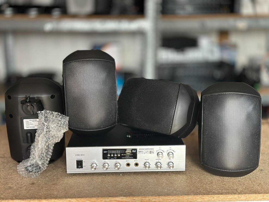 Фоновая озвучка кафе бара тогрового зала  усь и колонки 4 шт