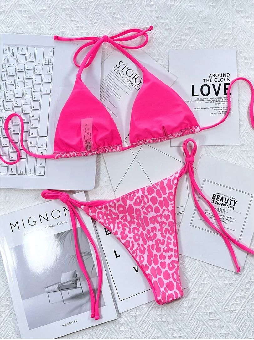 Strój Kąpielowy BIKINI Stringi SEXY Neon Wiązane Panterka - M